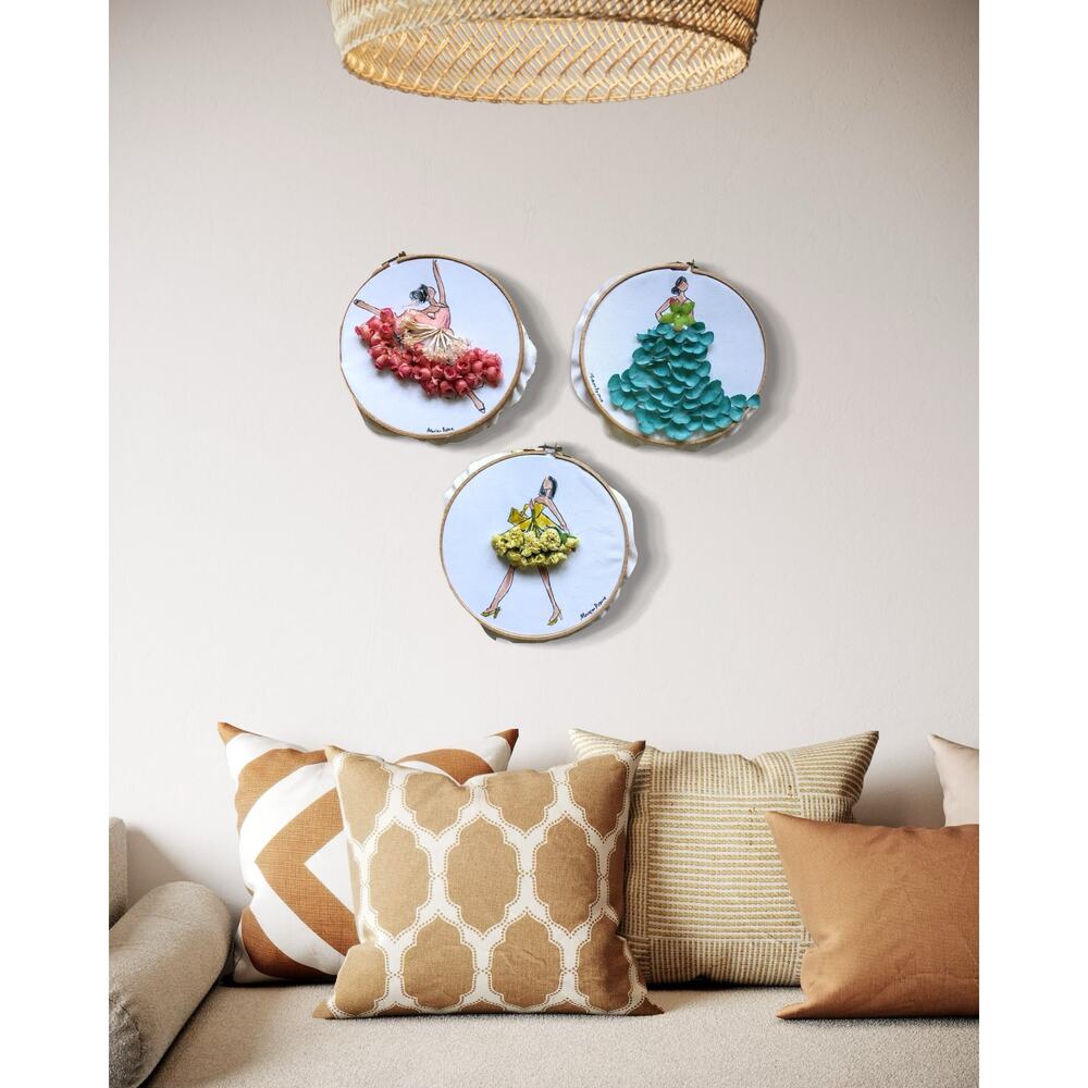 Trio of Hand-Painted Fashion Illustrations – Embroidery Hoop Wall Art with 3D